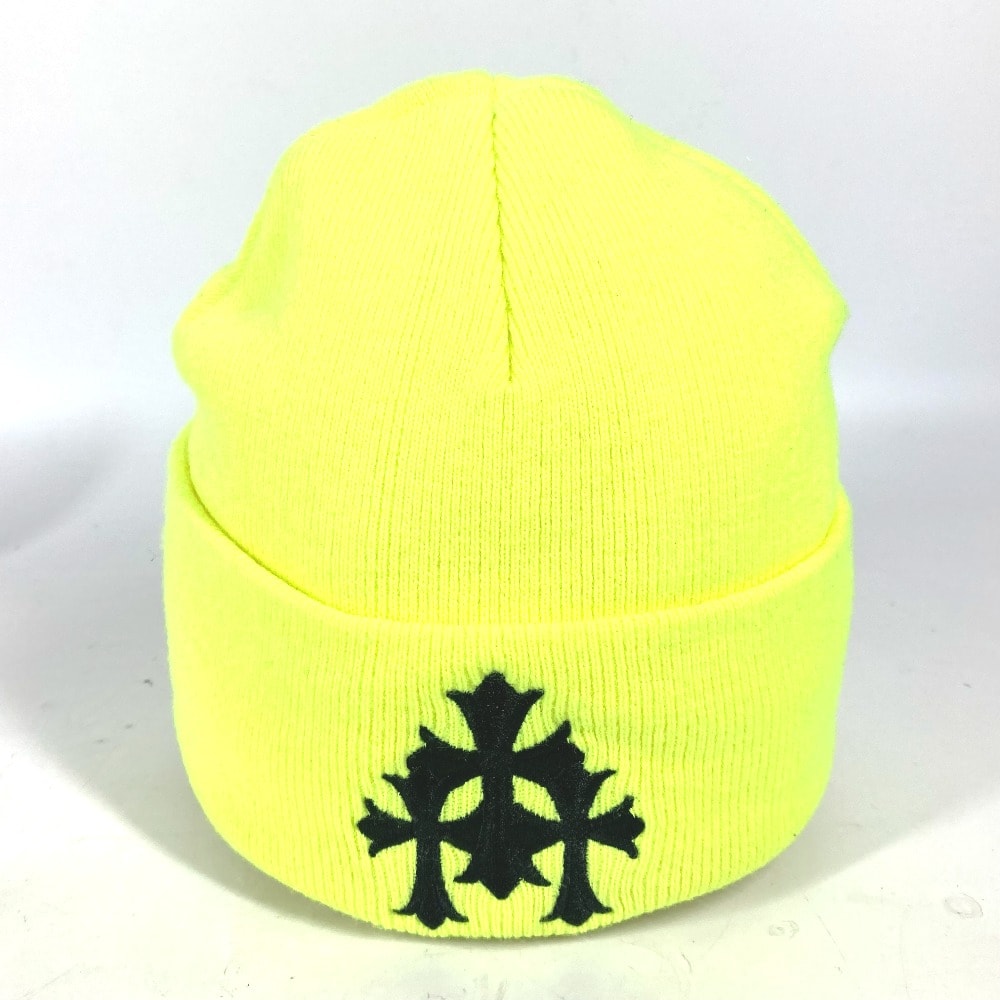 クロムハーツ CHROME HEARTS ロゴ 3クロス ビーニー 帽子 ニット帽 ニットキャップ ニット帽 アクリル イエロー 美品