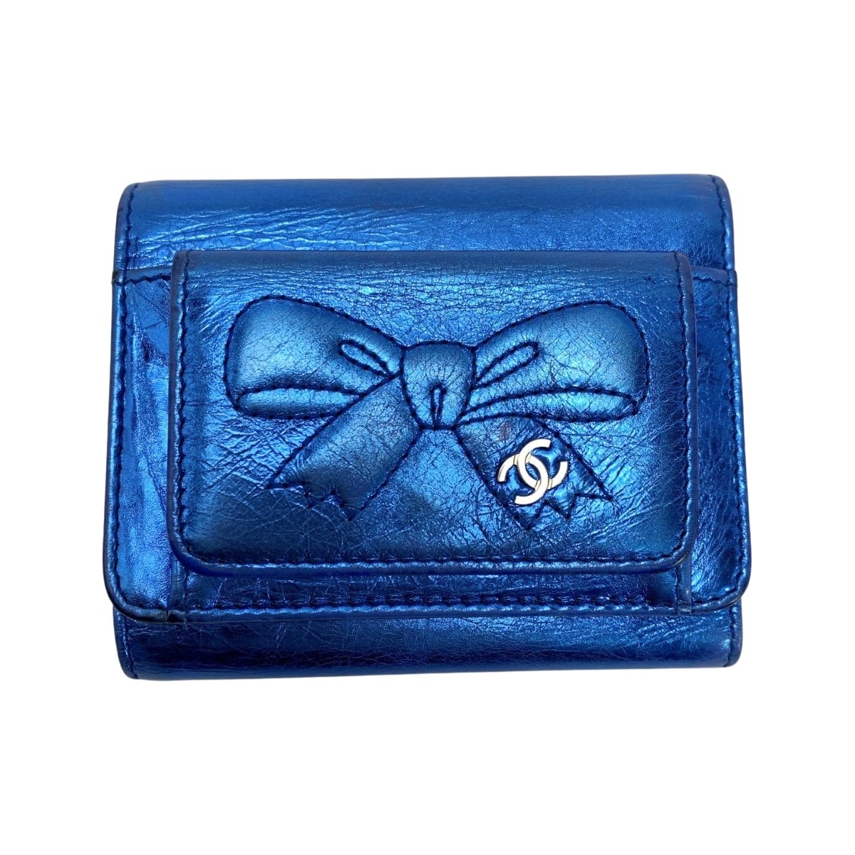 ☆☆CHANEL シャネル 三つ折り財布 リボン レザー メタリックブルー シルバー金具