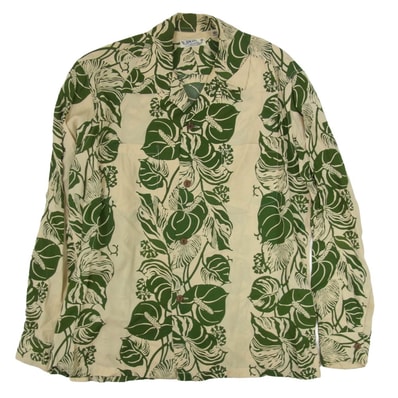 SUN SURF サンサーフ 長袖シャツ SS24436 ANTHURIUM BORDER リーフ柄 ストライプ 長袖 アロハシャツ グリーン系 M【中古】