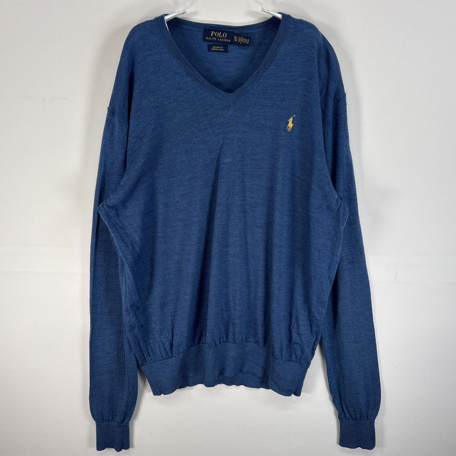 古着 ポロ・ラルフローレン POLO RALPH LAUREN 長袖 セーター ロゴ 刺繍 Vネック XL  ブルー 無地 メンズ