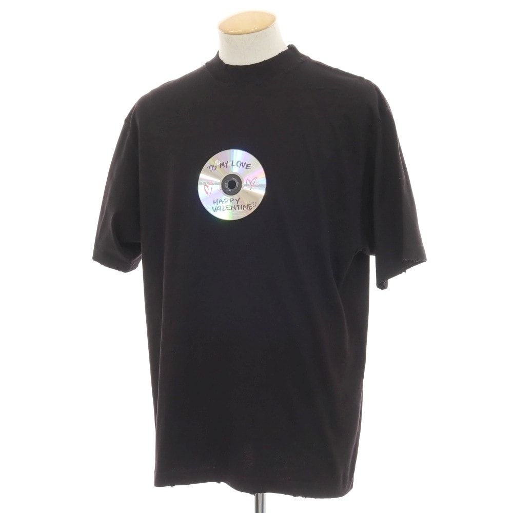 【中古】バレンシアガ BALENCIAGA VALENTINE CD ダメージ加工 コットン モックネック 半袖Tシャツ ブラック【サイズXS】【メンズ】