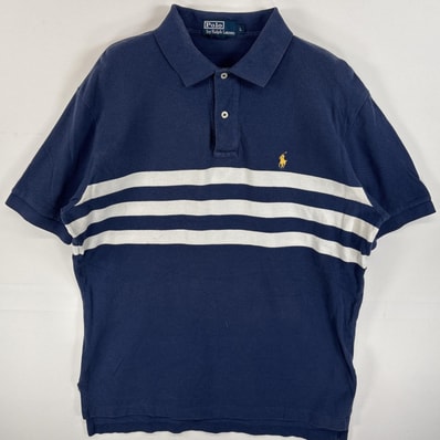 古着 90's/90年代 ポロバイラルフローレン Polo by Ralph Lauren ポロシャツ ワンポイント ロゴ 刺繍 2ボタン スリット L ネイビー系 ボーダー メンズ