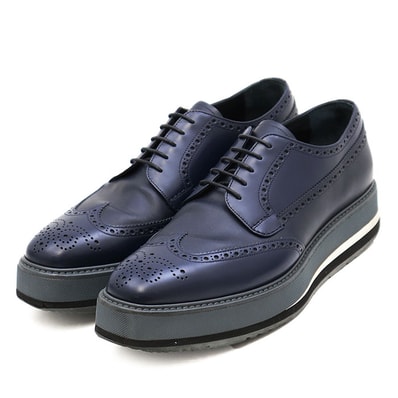 【SALE】PRADA プラダ レザー ドレスシューズ ウィングチップ フルブローグ メダリオン レースアップ チャンキーソール 厚底 革靴 メンズ サイズ 7 ブルー 青