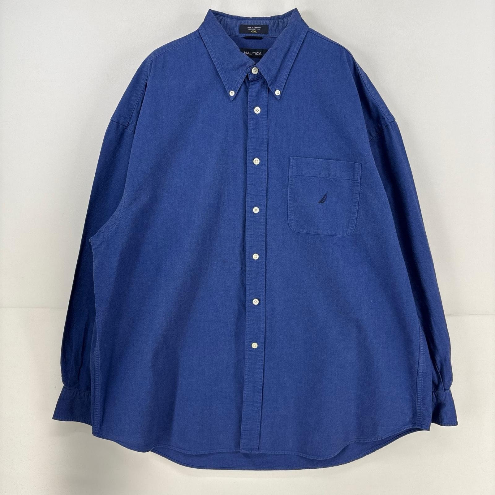 古着 ノーティカ NAUTICA 長袖シャツ ロゴ 刺繍 胸ポケット ボタンダウン 大きいサイズ 2XL ブルー メンズ