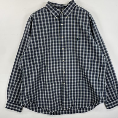 古着 90's/90年代 ラルフローレン RALPH LAUREN 長袖シャツ ボタンダウン ロゴ刺繍 ワンポイント 18 XXL ネイビー系 チェック メンズ