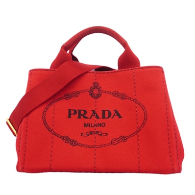 ★SALE【6hb1336-k】プラダ トートバッグ カナパ キャンバス レッド ゴールド金具 2wayバッグ【中古】レディース