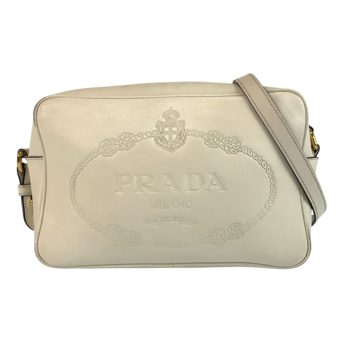 PRADA プラダ ロゴ型押し ホワイト ゴールド金具 レザー ショルダーバッグ ポシェット 603098 【中古】