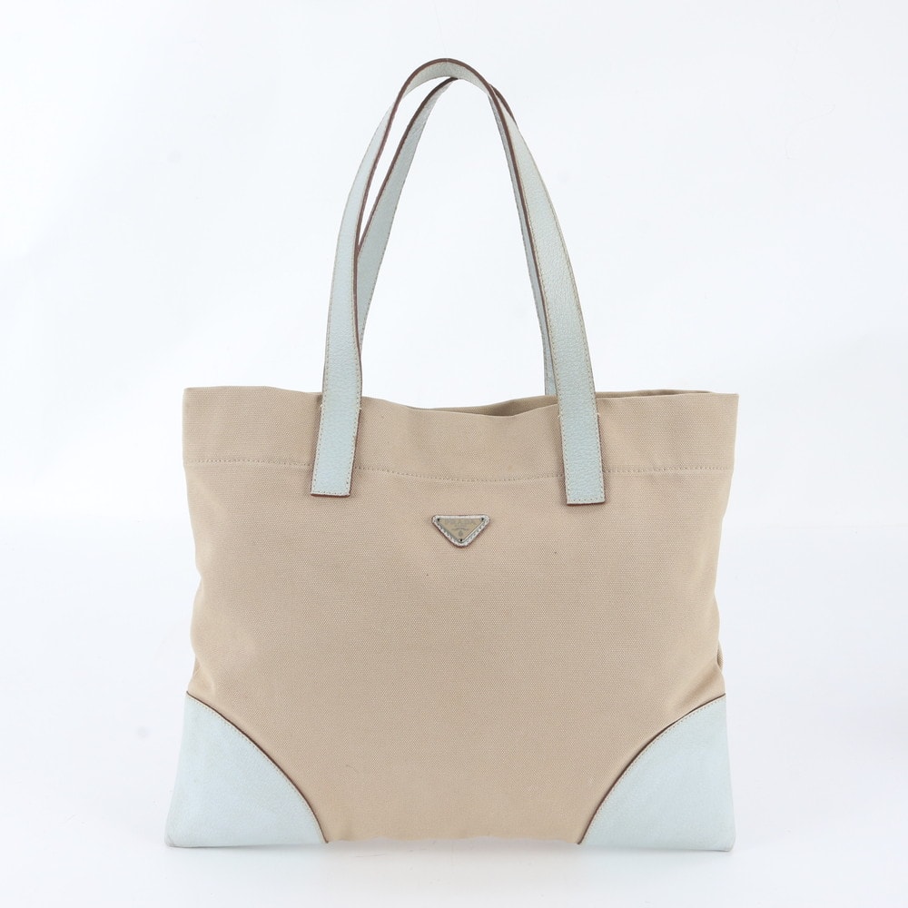 ■美品 プラダ トライアングルロゴトート バッグ レザー×キャンバス