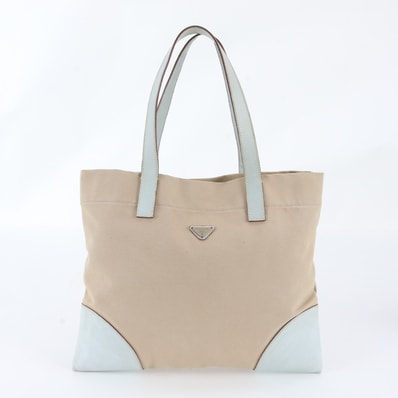 ■美品 プラダ トライアングルロゴトート バッグ レザー×キャンバス