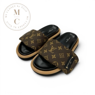 ルイヴィトン LOUIS VUITTON プールピローライン モノグラム サンダル 靴 シューズ ナイロン レザー ブラウン ブラック マジックテープ ロゴ