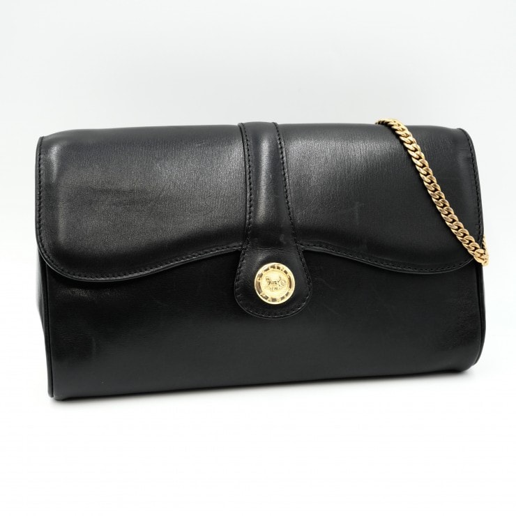 CELINE(セリーヌ)ヴィンテージ 馬車金具 チェーンショルダーバッグ ブラック レザー ゴールド金具 レディース【中古】