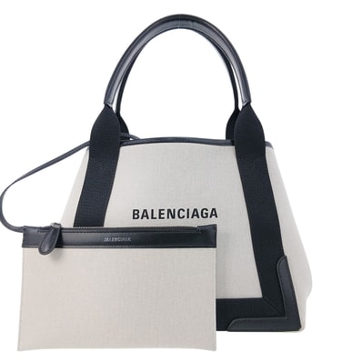 BALENCIAGA バレンシアガ ネイビー カバ S ハンドバッグ 339933 キャンバス ベージュ ブラック レディース【中古】