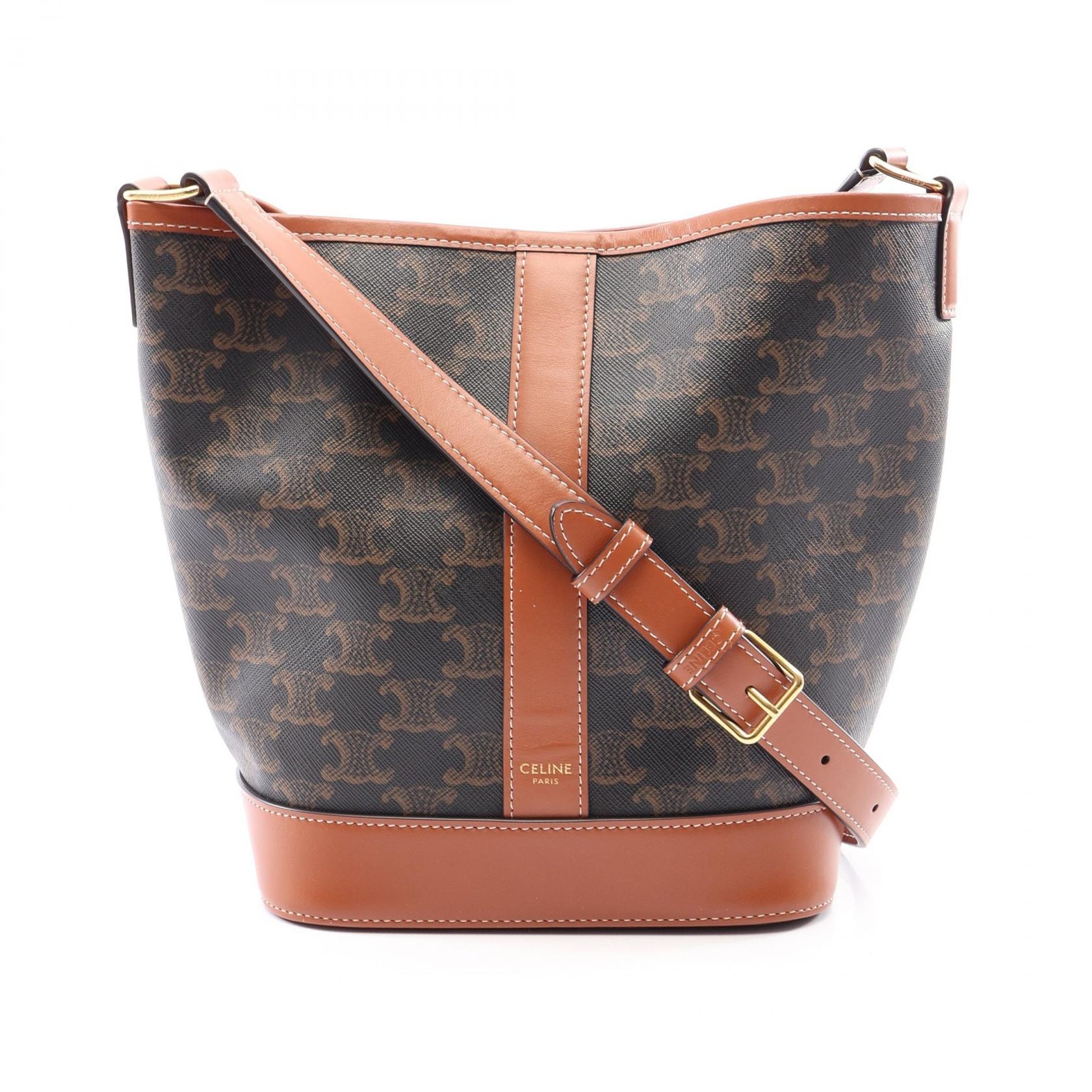 セリーヌ CELINE スモールバケット トリオンフ ショルダーバッグ バッグ PVCコーティングキャンバス レザー レディース ブラック系 / ブラウン系 191442CAS.04LU 【中古】