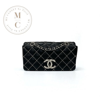 シャネル CHANEL バッグ ショルダーバッグ レザー ブラック 黒 シルバー ミニマトラッセ ココマーク シングルフラップ ダブルチェーン ビーズステッチ