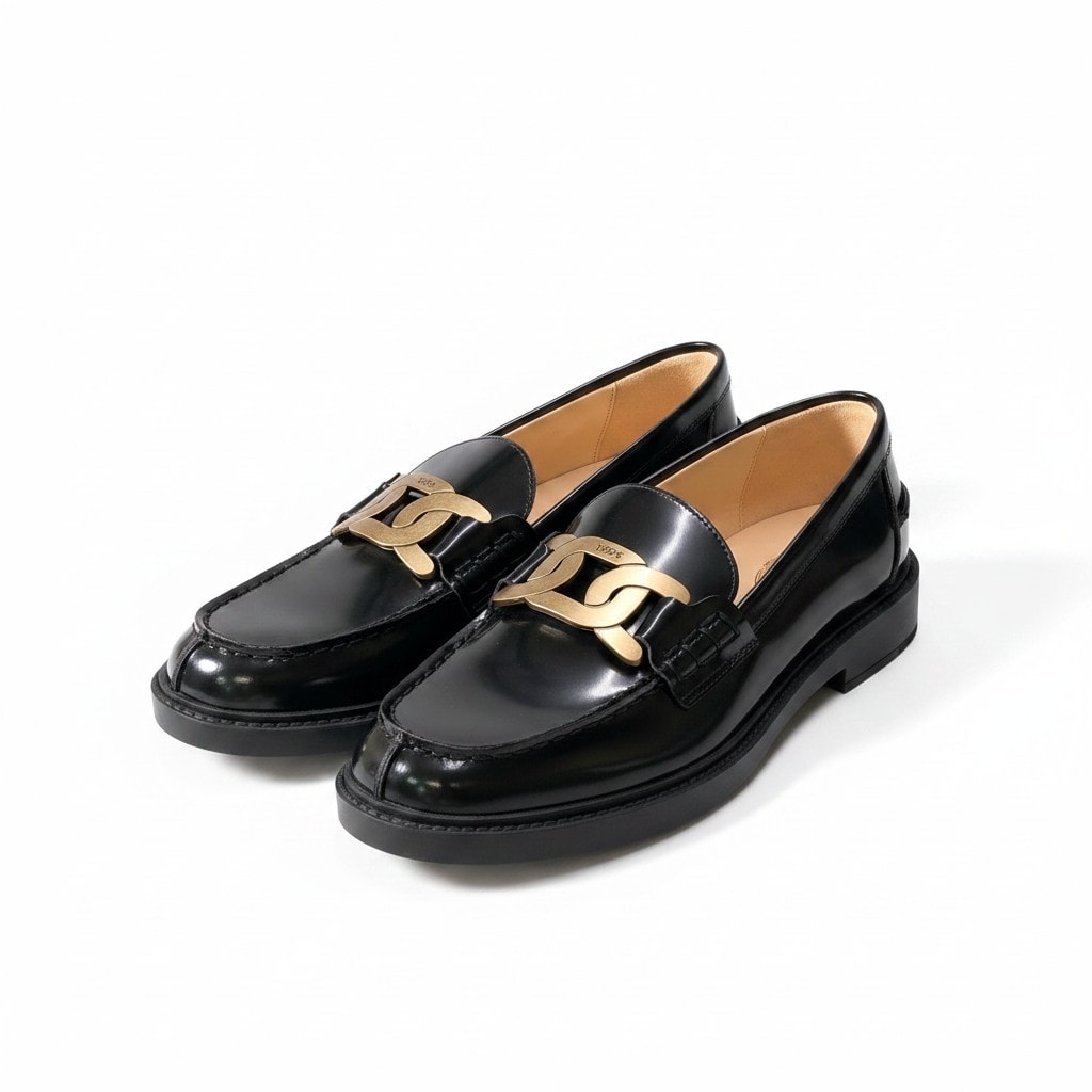 超美品 TOD’S トッズ ケイト レザー チェーンモチーフ ブラック レザー ローファー A3-00414 【中古】