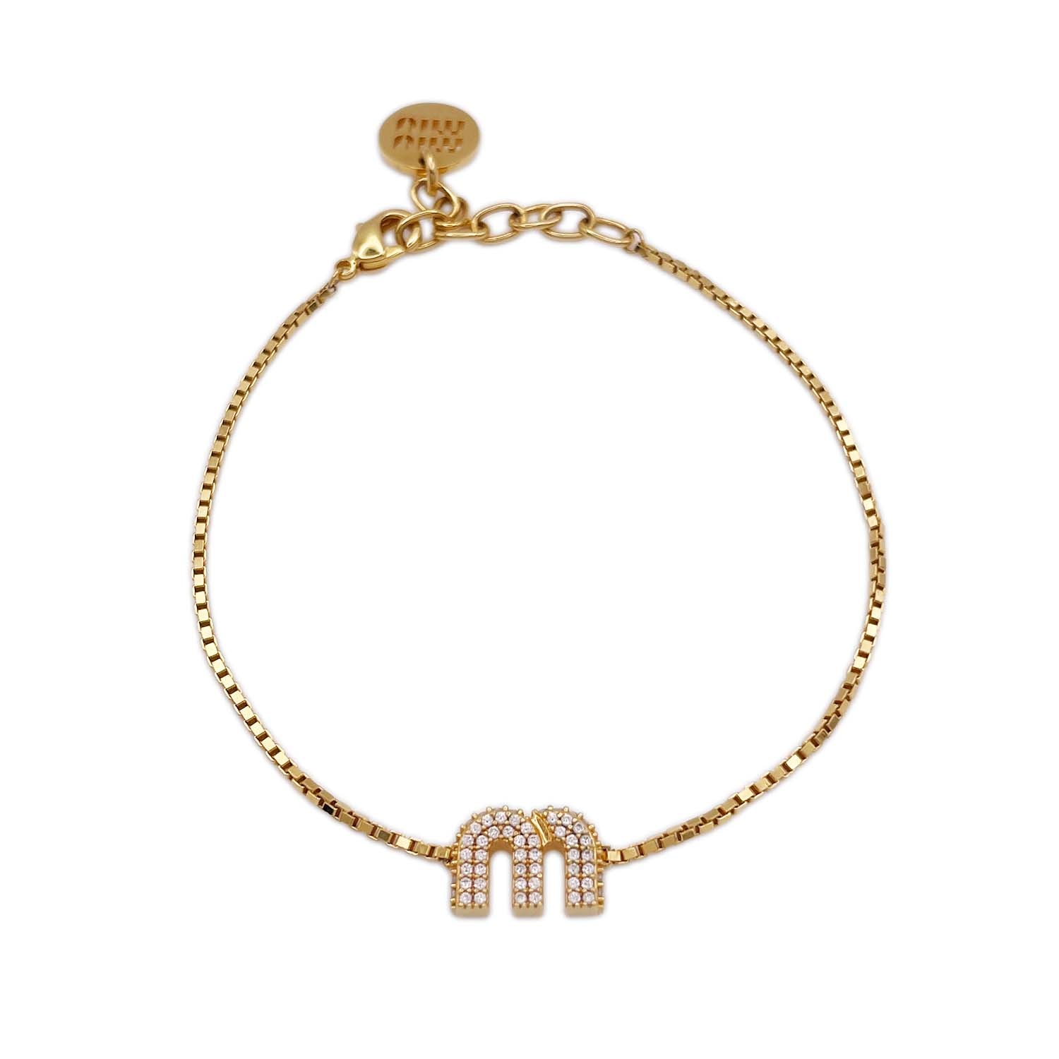 MIUMIU ミュウミュウ ロゴ クリスタル付 ブレスレット
 メタル ラインストーン ゴールド レディース
 【中古】