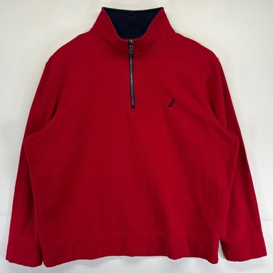 古着 ノーティカ NAUTICA スウェット 大きいサイズ トレーナー ハーフジップ ワンポイントロゴ刺繍デザイン XL レッド メンズ
