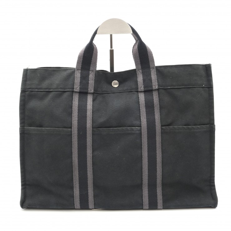 HERMES(エルメス)フールトゥMM ハンドバッグ トートバッグ ブラック グレー キャンバス A4収納 レディース メンズ【中古】