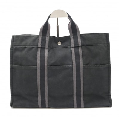 HERMES(エルメス)フールトゥMM ハンドバッグ トートバッグ ブラック グレー キャンバス A4収納 レディース メンズ【中古】