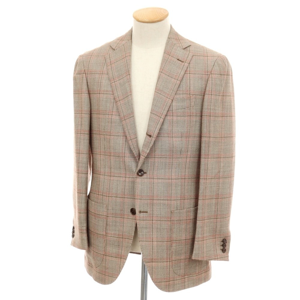 【中古】ビームスエフ BEAMS F シルクウールモヘア チェック テーラードジャケット ブラウンxピンク【サイズ93】【メンズ】