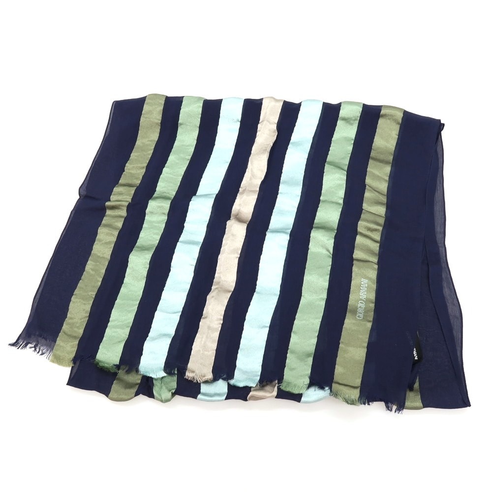 【中古】ジョルジオアルマーニ GIORGIO ARMANI シルクレーヨン ストライプ ストール ネイビーxグリーン【メンズ】
