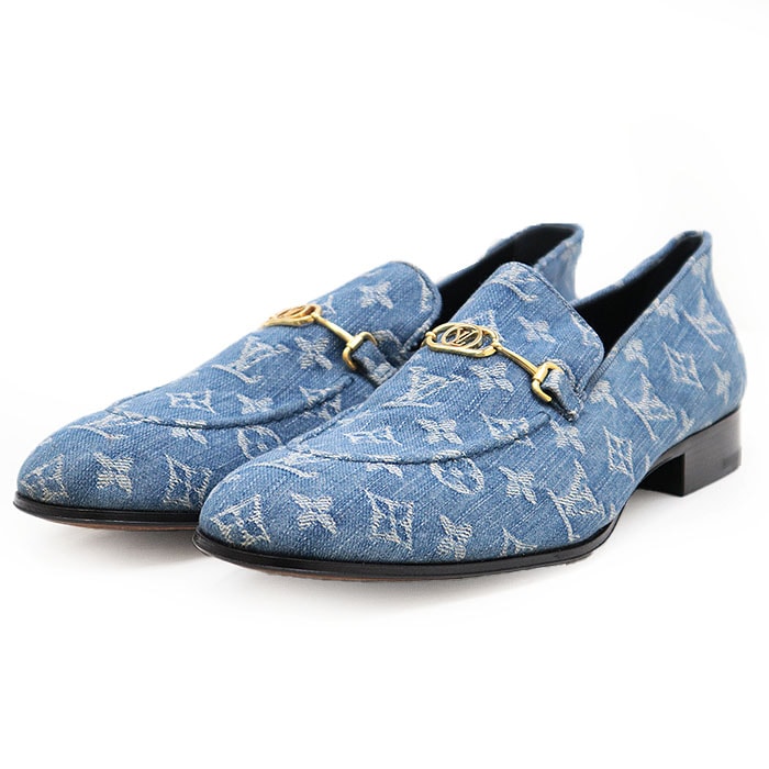 LOUIS VUITTON ルイ・ヴィトン デニムローファー LV モノグラム ロゴ メタル ビット レザーソール シューズ 靴 メンズ サイズ 9 1/2 ライトインディゴ ゴールド イタリア製