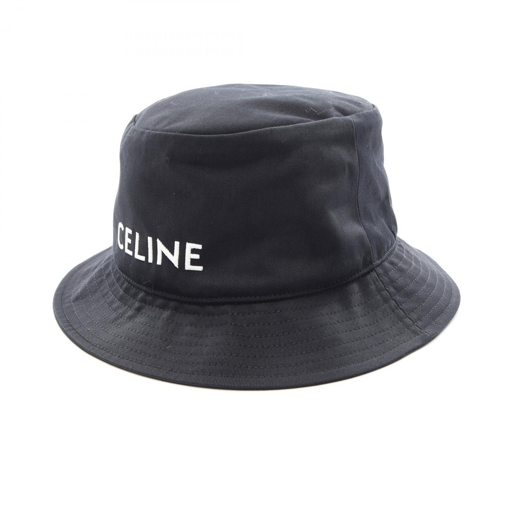 セリーヌ CELINE ロゴ エンブロイダリー バケット ハット 帽子 コットン レディース ブラック系 【中古】