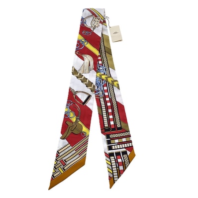 HERMES エルメス ツイリースカーフ 馬勒とチャーム BRIDES et Gris-Gri スカーフ シルク ホワイト レッド ユニセックス【中古】