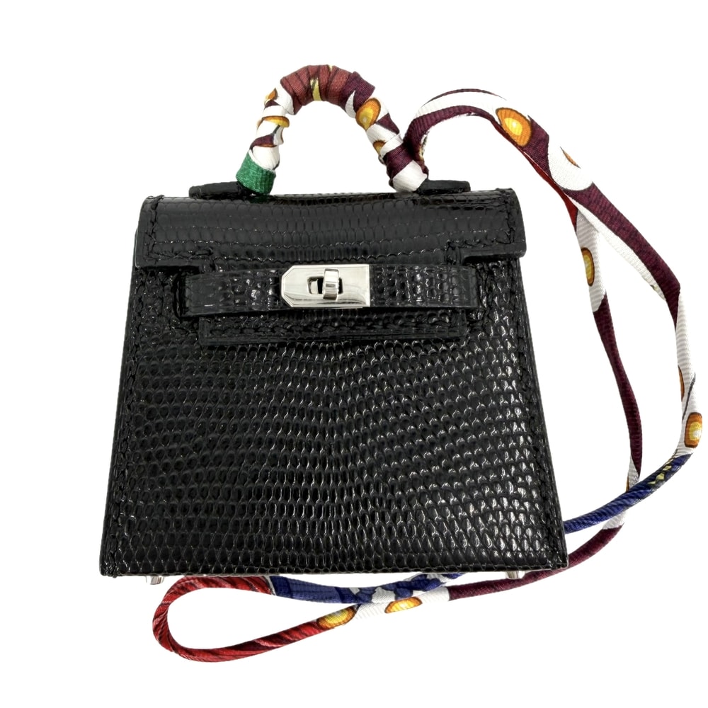 HERMES エルメス キーホルダー ケリーツイリー バッグチャーム Z刻印 リザード ブラック 黒 シルバー金具 レディース 美品 2021年【中古品】