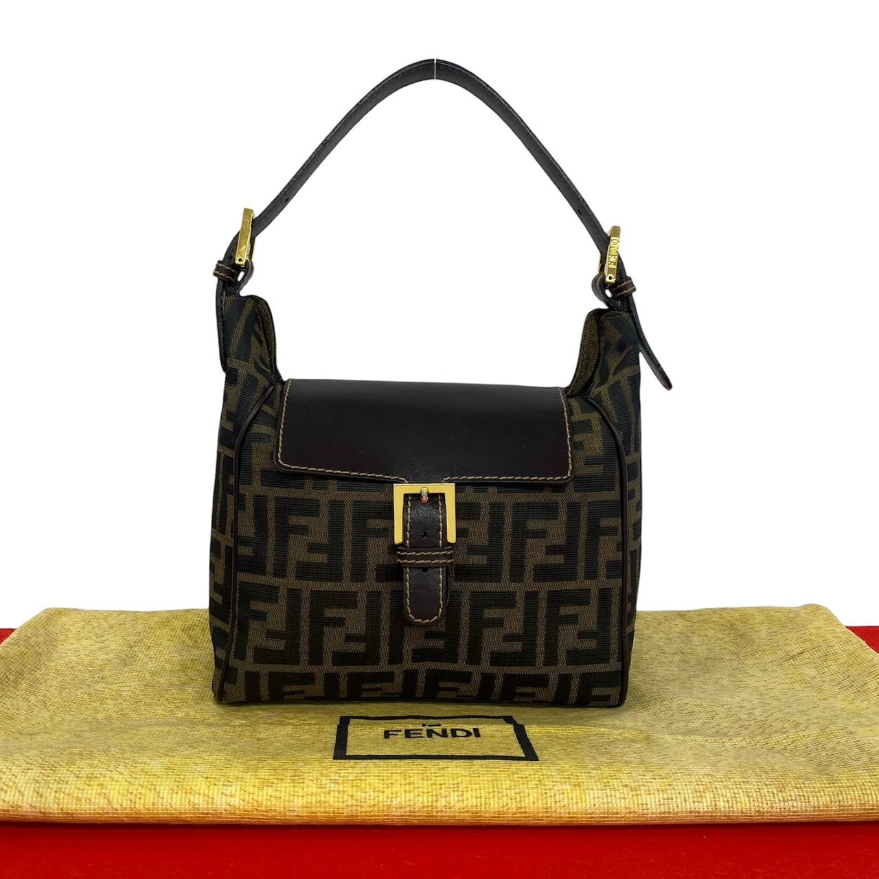 FENDI フェンディ ズッカ FF 柄 キャンバス レザー ハンドバッグ ブラウン
 24358