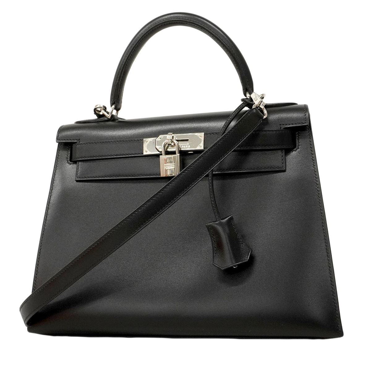【6fa0891】エルメス ハンドバッグ ケリー28 ボックスカーフ ブラック シルバー金具 □F刻印 2wayバッグ【中古】レディース