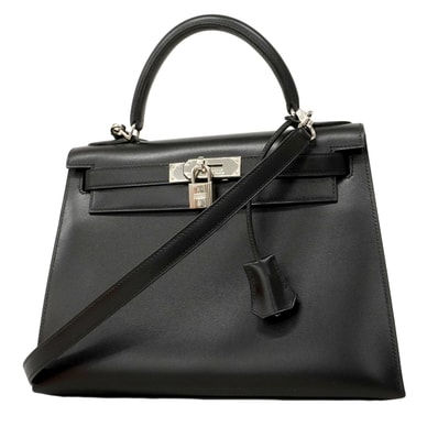 【6fa0891】エルメス ハンドバッグ ケリー28 ボックスカーフ ブラック シルバー金具 □F刻印 2wayバッグ【中古】レディース