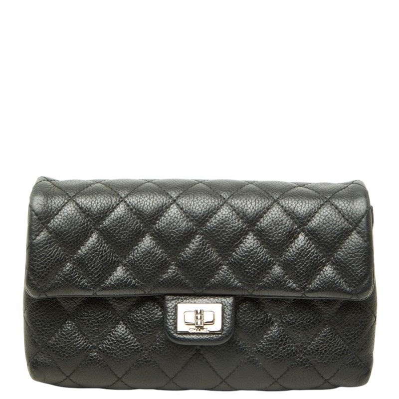 シャネル ユニフォーム 2.55 マトラッセ ポーチ ブラック シルバー金具 レザー レディース CHANEL 中古