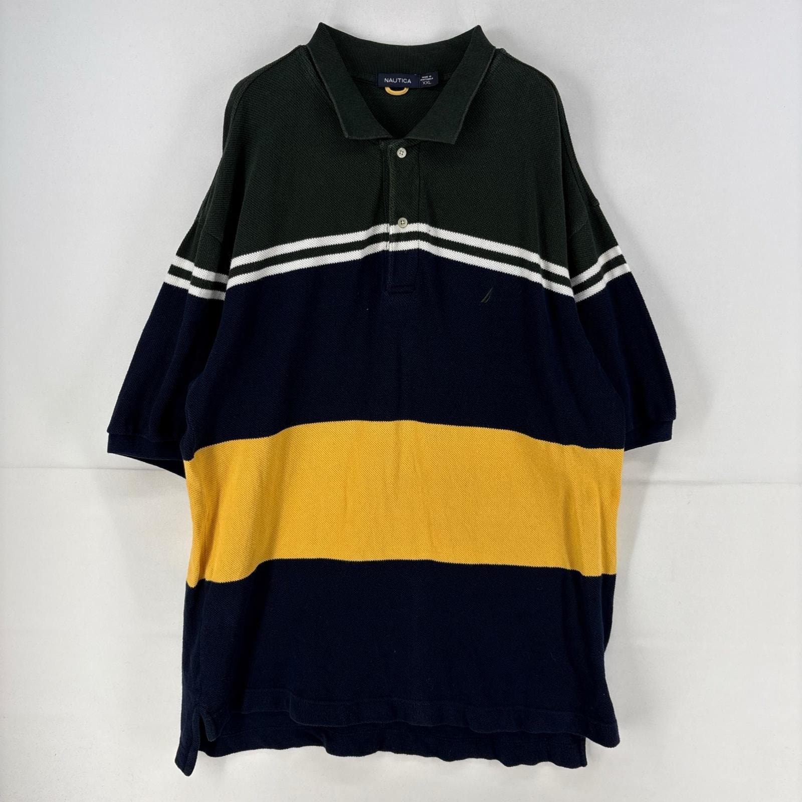 古着 ノーティカ NAUTICA 半袖シャツ ロゴ ボーダー マルチカラー 刺繍 ポロシャツ 大きいサイズ 2XL グリーン系 メンズ