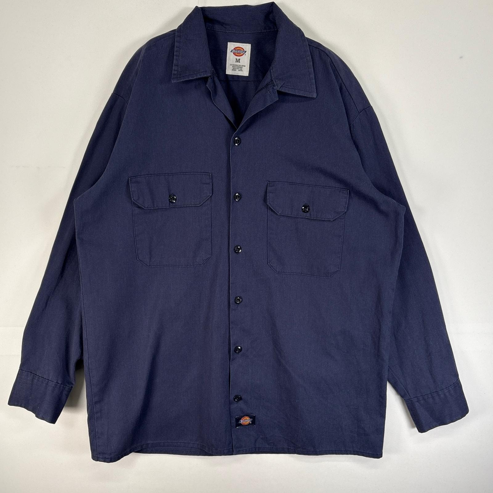 古着 ディッキーズ Dickies 長袖シャツ ワーク 作業着 フラップポケ ワンポイント ロゴ M ネイビー 無地 メンズ