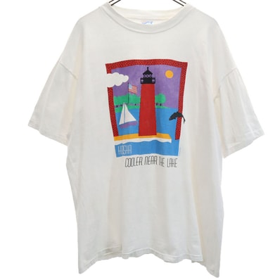 Hanes ヘインズ 90s 灯台プリント 半袖 シングルステッチ Tシャツ XL ホワイト系 オールド ヴィンテージ