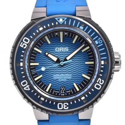 オリス ORIS 01 400 7777 7155 アクイスプロ 4000m デイト ブルー 自動巻き メンズ 美品 箱付き 腕時計 G#147460