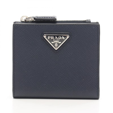 プラダ PRADA 三角プレート 二つ折り財布 財布 サフィアーノレザー メンズ ネイビー系 2ML049 【中古】