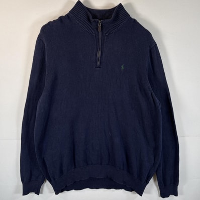 古着 ポロ・ラルフローレン POLO RALPH LAUREN ニット セーター 大きいサイズ ハーフジップ ワンポイントロゴ刺繍 2XLT ネイビー メンズ