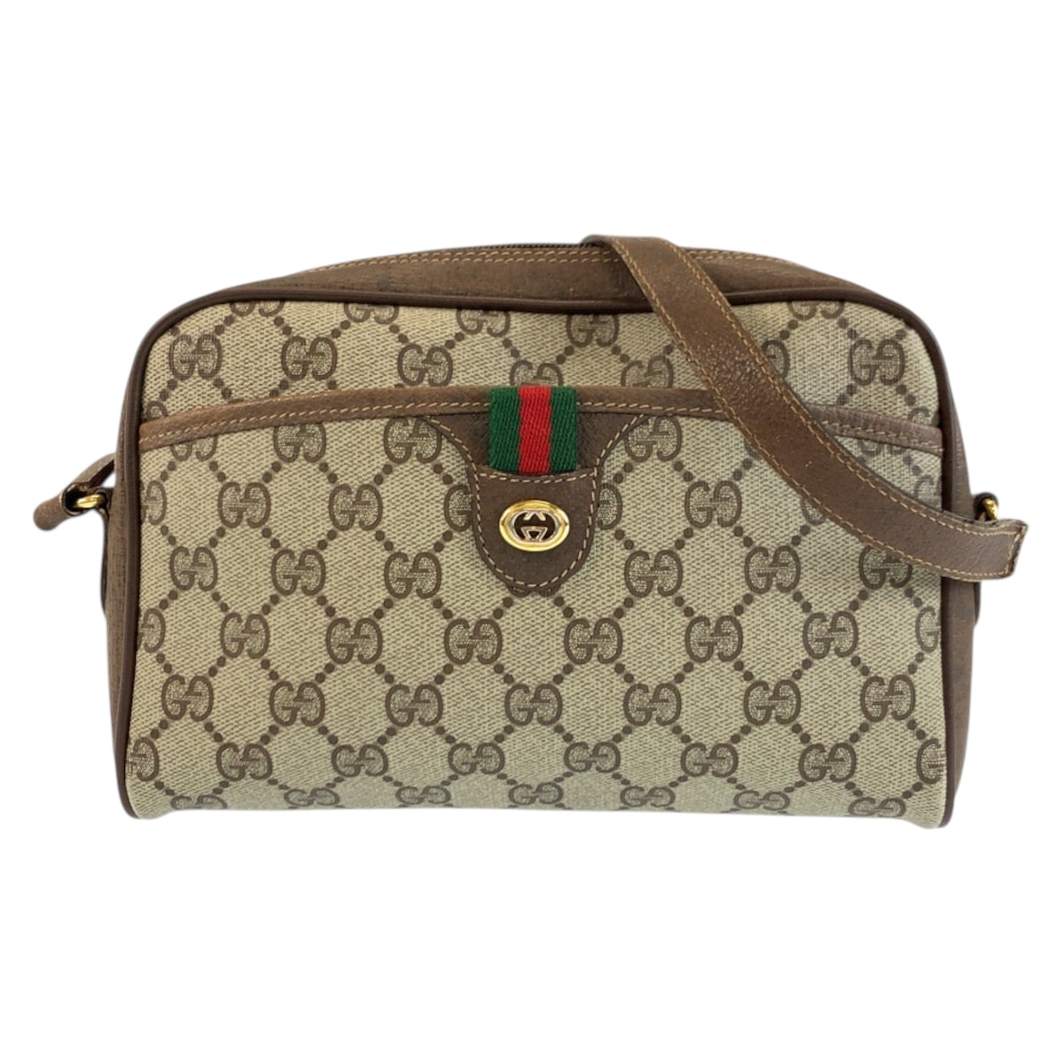 GUCCI グッチ ヴィンテージ シェリーライン ベージュ ブラウン ゴールド金具 GGスプリームキャンバス レザー/ ショルダーバッグ ポシェット 602275 【中古】