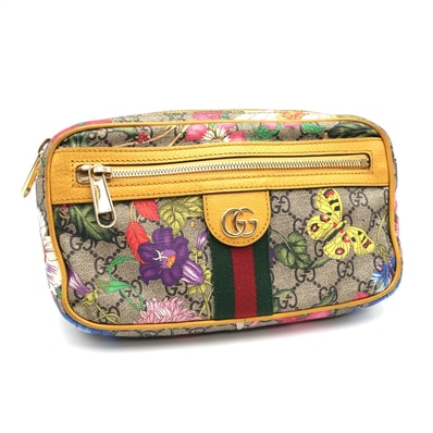 GUCCI(グッチ)オフィディア GGフローラ ベルトバッグ ボディバッグ ウエストバッグ GGスプリーム 花柄 蝶 マルチカラー イエロー レザー ゴールド金具 レディース 574796【中古】