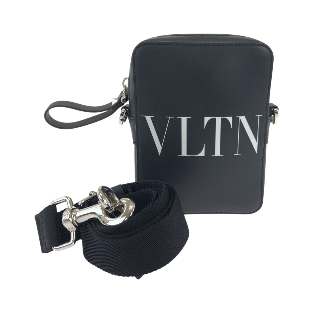美品 Valentino ヴァレンチノ VLTNロゴ ブラック 黒 ホワイト シルバー金具 レザー ショルダーバッグ ポシェット 601841 【中古】