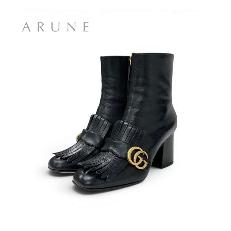グッチ GUCCI ブーツ ショートブーツ 靴 シューズ レザー ブラック ゴールド GGマーモント タッセル ダブルG