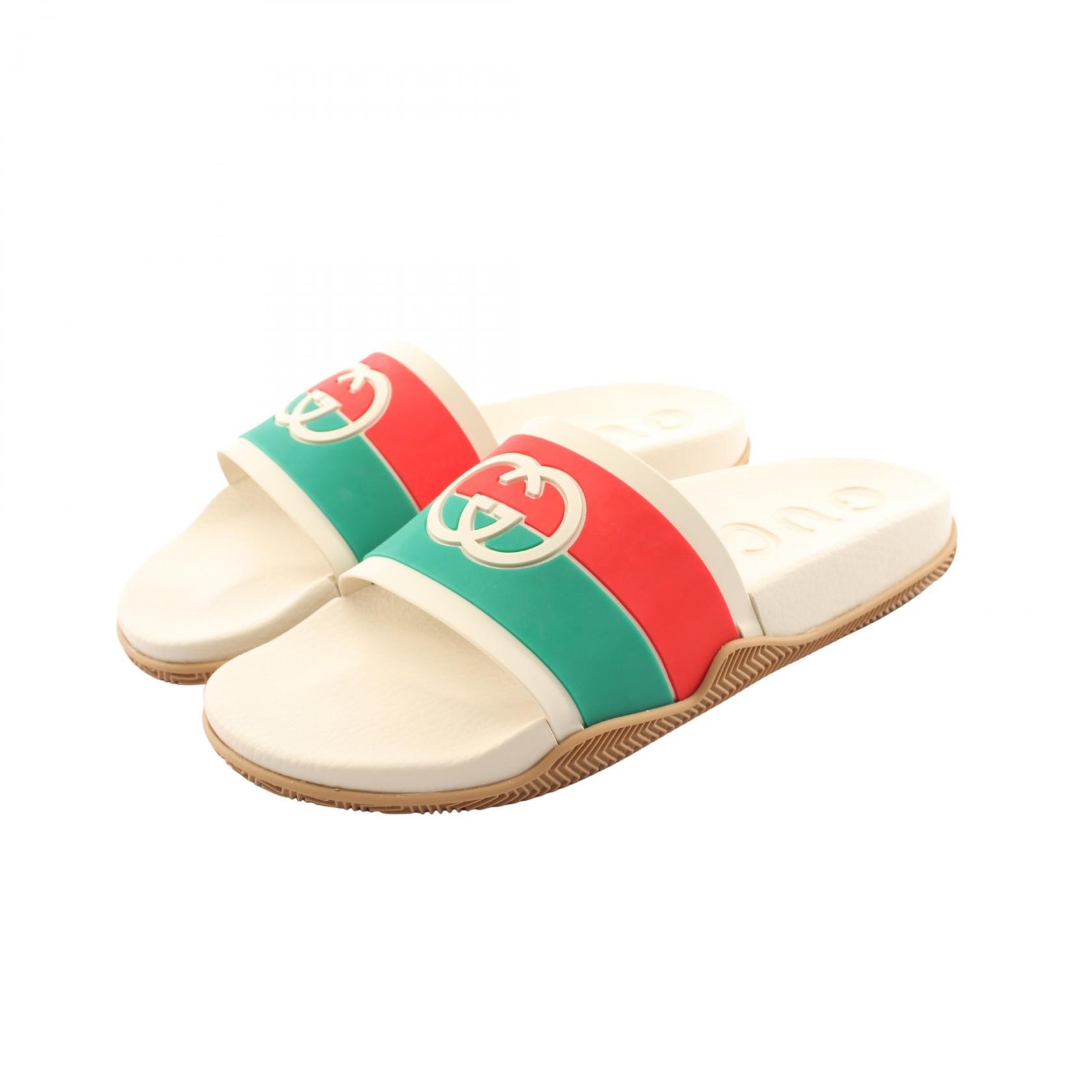 グッチ GUCCI インターロッキング サンダル 靴 ラバー メンズ アイボリー系 / グリーン系 / レッド系 【中古】