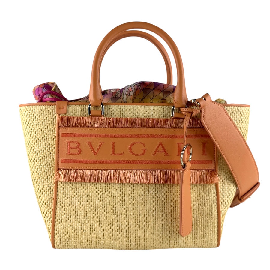 ブルガリ BVLGARI ハンドバッグ ショルダーバッグ RESORT ラフィア ベージュ/オレンジ ゴールド レディース【中古】 z9375