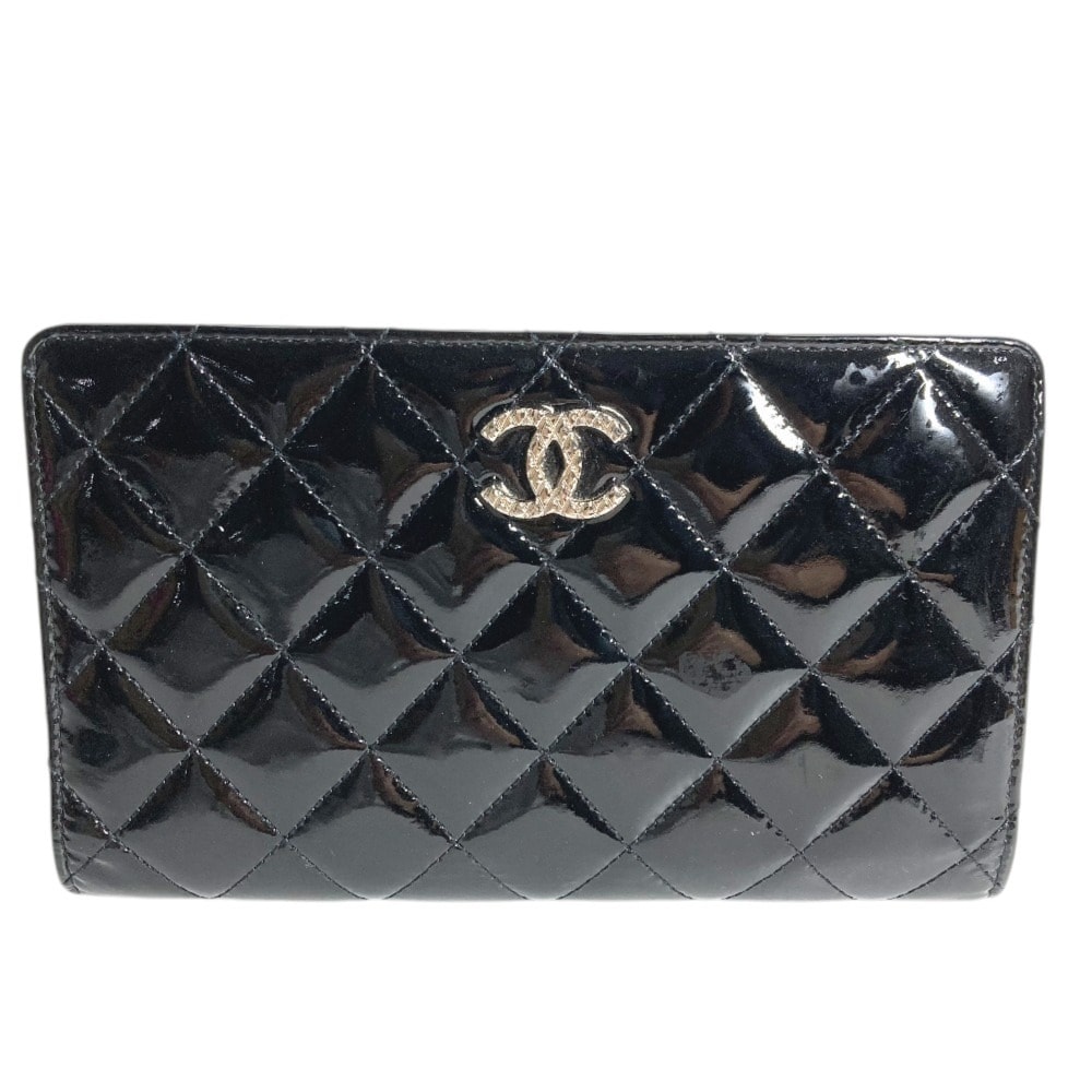 シャネル CHANEL CC ココマーク ロゴ キルティング ブリリアント 2つ折り ロングウォレット 長財布 エナメル ブラック