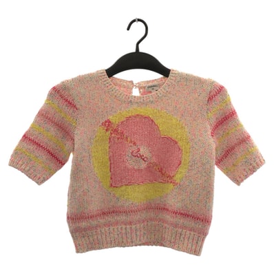 超美品 CHANEL シャネル 24SS ハートモチーフ ココマーク サイズ34 ピンク イエロー ウール 短丈 半袖ニット 半袖シャツ カットソー 504595 【中古】