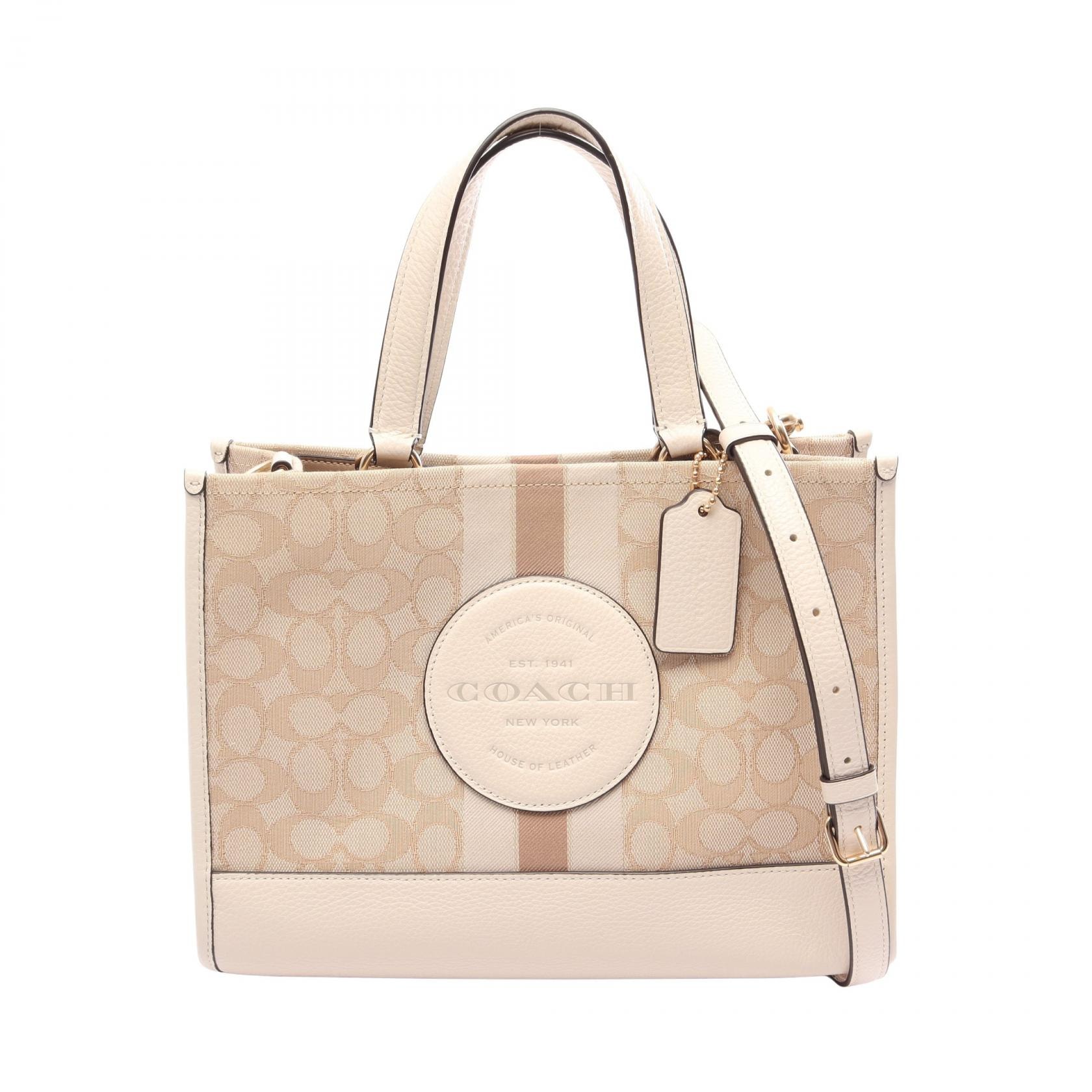 コーチ COACH デンプシー キャリーオール シグネチャー ジャカード ストライプ パッチ 2WAY ハンドバッグ バッグ キャンバス レザー レディース ベージュ系 / ホワイト系 / ブラウン系 CQ877 【中古】