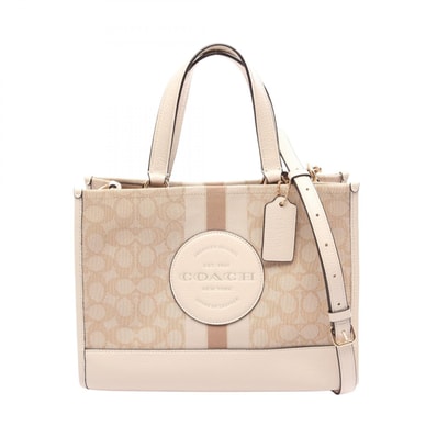 コーチ COACH デンプシー キャリーオール シグネチャー ジャカード ストライプ パッチ 2WAY ハンドバッグ バッグ キャンバス レザー レディース ベージュ系 / ホワイト系 / ブラウン系 CQ877 【中古】