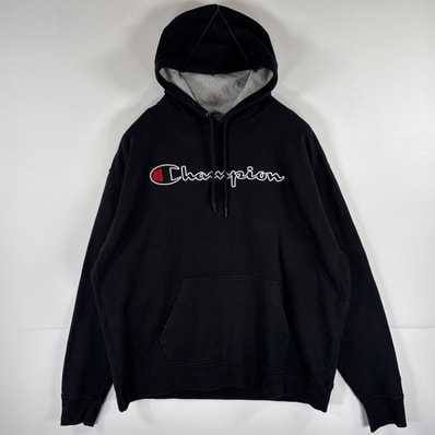 古着 チャンピオン Champion パーカー スウェット プルオーバー ビッグロゴワッペン刺繍 大きいサイズ XL ブラック メンズ